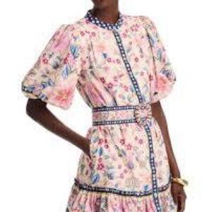 FARM Rio Pink Floral Puff-Sleeve Mini Dress with Blue Trim